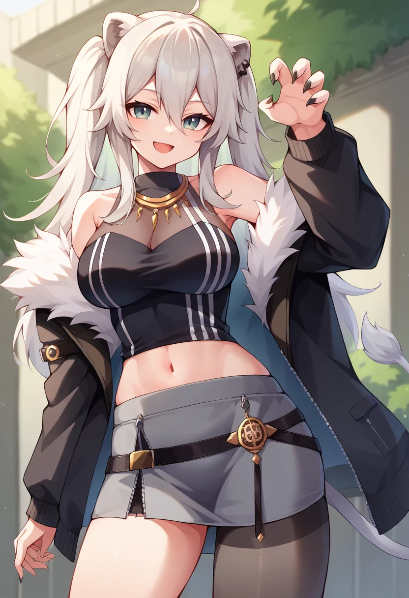 core_9, score_8_up, score_7_up, BotanBase, long hair, two side up, ear piercing, lion tail, necklace, black shirt, sleeveless shirt, midriff, see-trough, grey skirt, single leg pantyhose, pantyhose, fur-trimmed jacket, black jacket, off shoulder, smile, standing, claw pose, fang, <lora:CHAR-ShishiroBotanPonyXL:1>