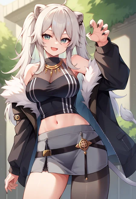core_9, score_8_up, score_7_up, BotanBase, long hair, two side up, ear piercing, lion tail, necklace, black shirt, sleeveless shirt, midriff, see-trough, grey skirt, single leg pantyhose, pantyhose, fur-trimmed jacket, black jacket, off shoulder, smile, standing, claw pose, fang, <lora:CHAR-ShishiroBotanPonyXL:1>