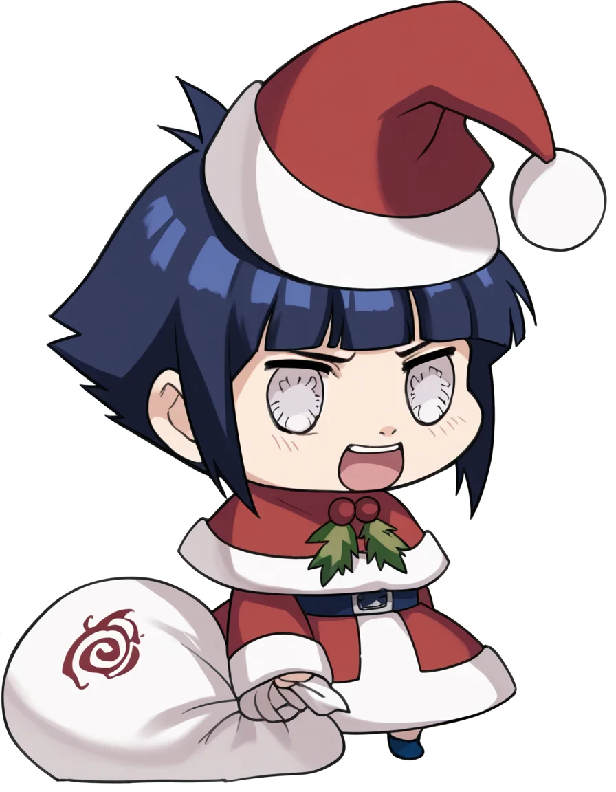 score_9, score_8_up, score_7_up, source_anime, <lora:hinata-hyuga-s1-ponyxl-lora-nochekaiser:1>, hinata hyuga, short hair, white eyes, bangs, blunt bangs, medium breasts,, <lora:padoru-ponyxl-lora-nochekaiser:1>, padoru, padoru (meme), holding sack, sack, santa hat, meme, christmas, open mouth, chibi, red capelet, santa dress, capelet, fur-trimmed headwear,, ,