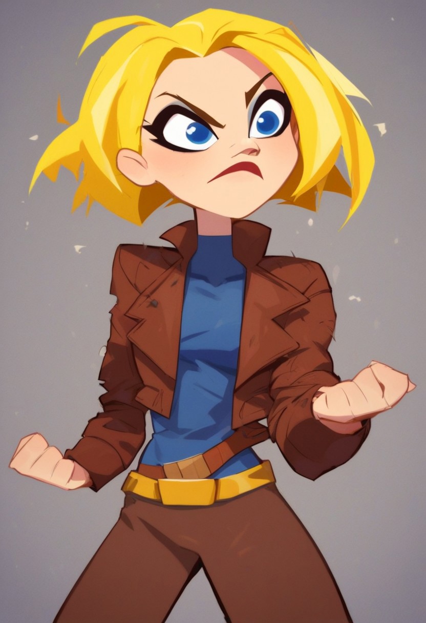 score_9, score_8_up, score_7_up, 1girl, solo, kara, short hair, blonde hair, blue eyes, makeup, blue shirt, torn brown pants, jacket, belt, boots, simple background, dynamic posing