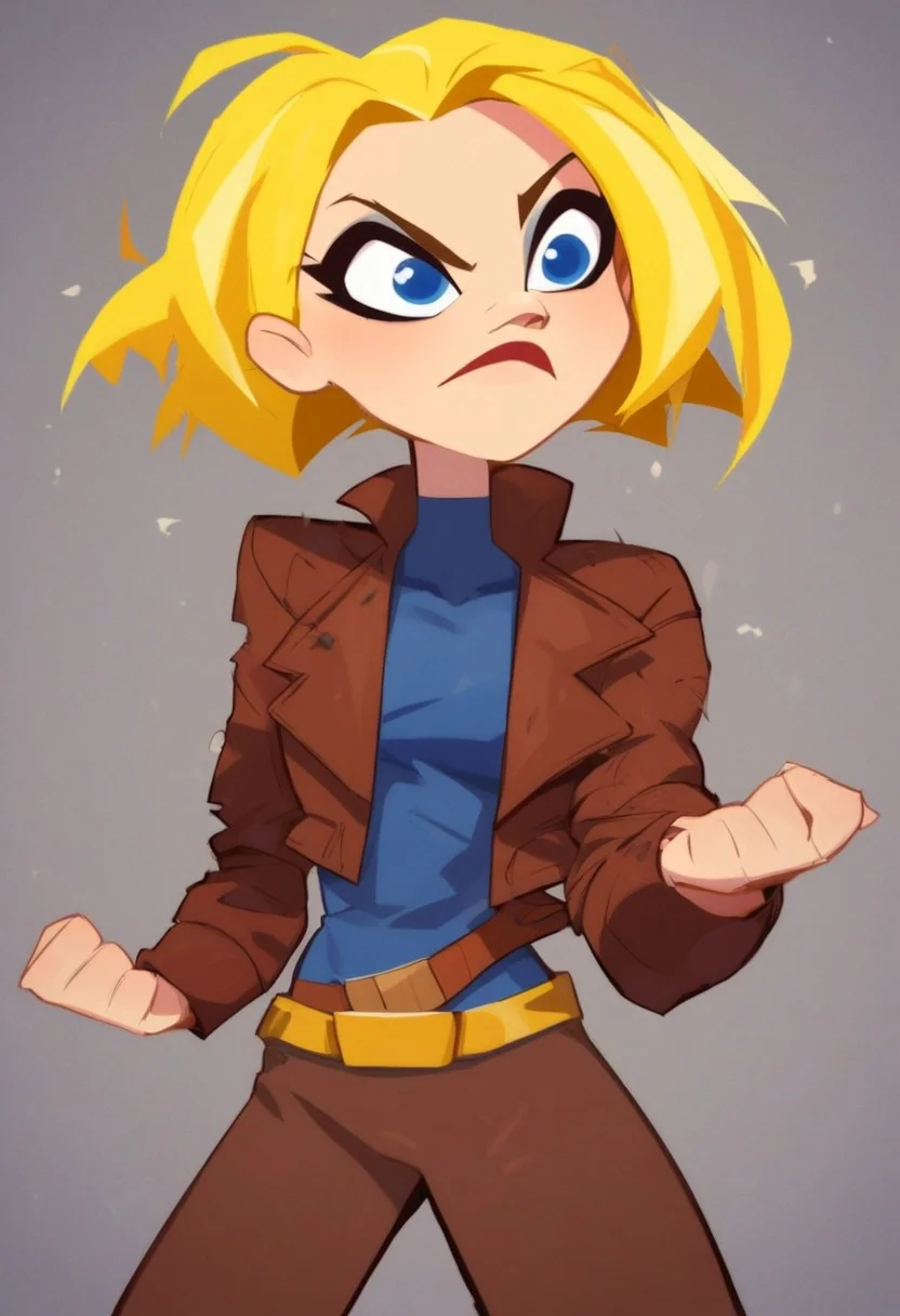 score_9, score_8_up, score_7_up, 1girl, solo, kara, short hair, blonde hair, blue eyes, makeup, blue shirt, torn brown pants, jacket, belt, boots, simple background, dynamic posing