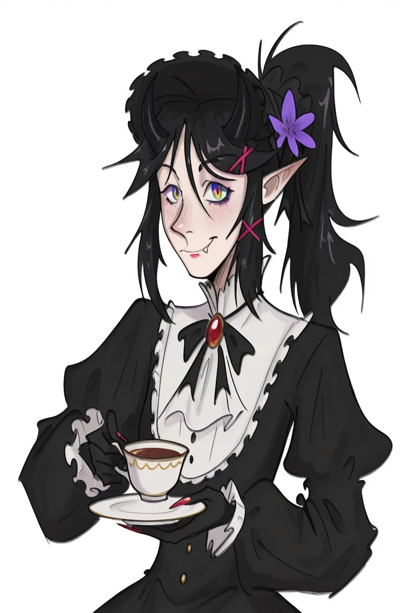 best quality, detailed face, detailed eyes, , ,
by vor sirkov
by T5,
1girl, looks at the viewer, ascot, black bow, black dress, black gloves, black hair, black headwear, black horns, bonnet, bow, brooch, cup, demon horns, dress, fang, fingernails, flower, frilled dress, frilled sleeves, frills, gem, gloves, gothic lolitagoth, hair flower, hair ornament, hairclip, hands up, hat, hat flower, high ponytail, holding, holding cup, holding plate, holding saucer, horns, jewelry, juliet sleeves, lolitagoth fashion, long fingernails, long hair, long sleeves, looking at viewer, makeup, multicolored eyes, nail polish, parted lips, plate, pointy ears, ponytail, puffy sleeves, purple flower, red nails, ribbon, saucer, sharp fingernails, sidelocks, slit pupils, smile, solo, swept bangs, teacup, upper body, virtual youtuber, white ascot, white background, x hair ornament, yellow ey