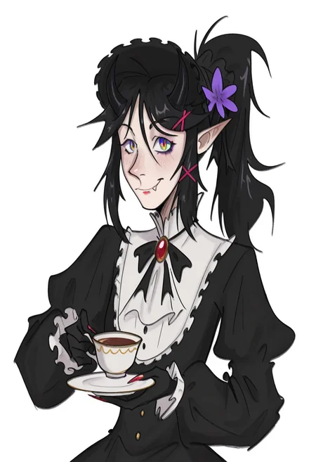 best quality, detailed face, detailed eyes, , ,
by vor sirkov
by T5,
1girl, looks at the viewer, ascot, black bow, black dress, black gloves, black hair, black headwear, black horns, bonnet, bow, brooch, cup, demon horns, dress, fang, fingernails, flower, frilled dress, frilled sleeves, frills, gem, gloves, gothic lolitagoth, hair flower, hair ornament, hairclip, hands up, hat, hat flower, high ponytail, holding, holding cup, holding plate, holding saucer, horns, jewelry, juliet sleeves, lolitagoth fashion, long fingernails, long hair, long sleeves, looking at viewer, makeup, multicolored eyes, nail polish, parted lips, plate, pointy ears, ponytail, puffy sleeves, purple flower, red nails, ribbon, saucer, sharp fingernails, sidelocks, slit pupils, smile, solo, swept bangs, teacup, upper body, virtual youtuber, white ascot, white background, x hair ornament, yellow ey