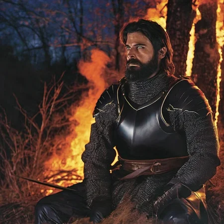 Corluka, gothic armor, pale skin, upper part in frame, knight male, near the bonefire, black beard, thick beard, medieval clothing, dark clothes, long sleeves, short hair, sitting near bonefire, face with wrinkles, bruises under the eyes, night dark forest, starry sky, (((film grain))), (warm colors), 1990s fantasy art, (by Jeff Easy, by Julie Bell), solo, 1man <lora:corluka_sdzl:1>  <lora:gothic armor:1>