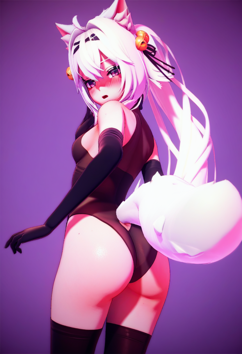 rating_explicit,  <lora:Filian_for_PonyXL:1>, filian, solo, ass, gloves, hair bell, blush, elbow gloves, white hair, thighhighs, hair ornament, bell, breasts, long hair, fox ears, looking at viewer, fox tail, open mouth, black thighhighs, black gloves, ribbon, hair between eyes, fox girl, leotard, hair ribbon, looking back, jingle bell, score_9, score_8_up, score_7_up, score_6_up, score_5_up, score_4_up