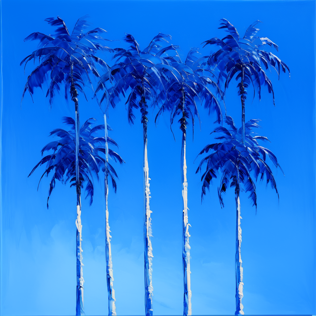 <lora:Luminescent_impastoSDXL:1> Luminescent Impasto, The image shows a painting of three palm trees on a blue background with a white and blue sky in the background. The painting is an original acrylic painting measuring 24 x 24 inches and is available for purchase online., blue theme, tree, plant, outdoors, scenery, palm tree, solo, no humans, monochrome, sky