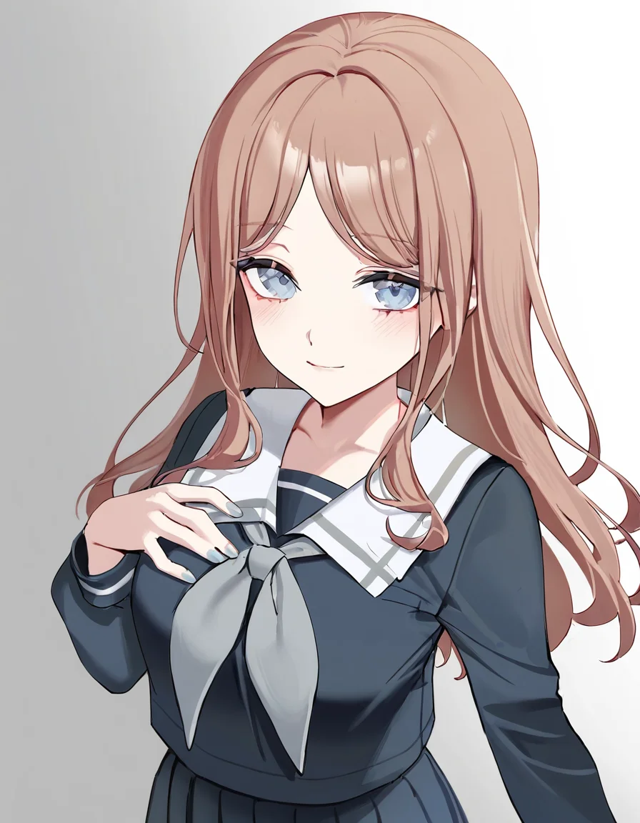nagasaki soyo, 1girl, solo, <lora:nagasaki_soyo_IlluXL:1>, school uniform, serafuku, long sleeves, pleated skirt, standing, white sailor collar, grey neckerchief, light smile, breasts, arm at side, hand on own chest, light blush, looking at viewer, gradient background, grey background, nail polish,, best quality, masterpiece, highres, [[[emyo,(ciloranko:0.3),(ramanda:0.2),chyoel,zuizi]]],