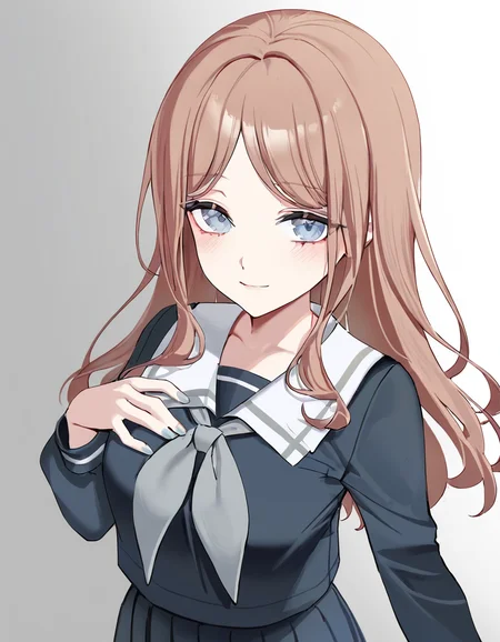 nagasaki soyo, 1girl, solo, <lora:nagasaki_soyo_IlluXL:1>, school uniform, serafuku, long sleeves, pleated skirt, standing, white sailor collar, grey neckerchief, light smile, breasts, arm at side, hand on own chest, light blush, looking at viewer, gradient background, grey background, nail polish,, best quality, masterpiece, highres, [[[emyo,(ciloranko:0.3),(ramanda:0.2),chyoel,zuizi]]],
