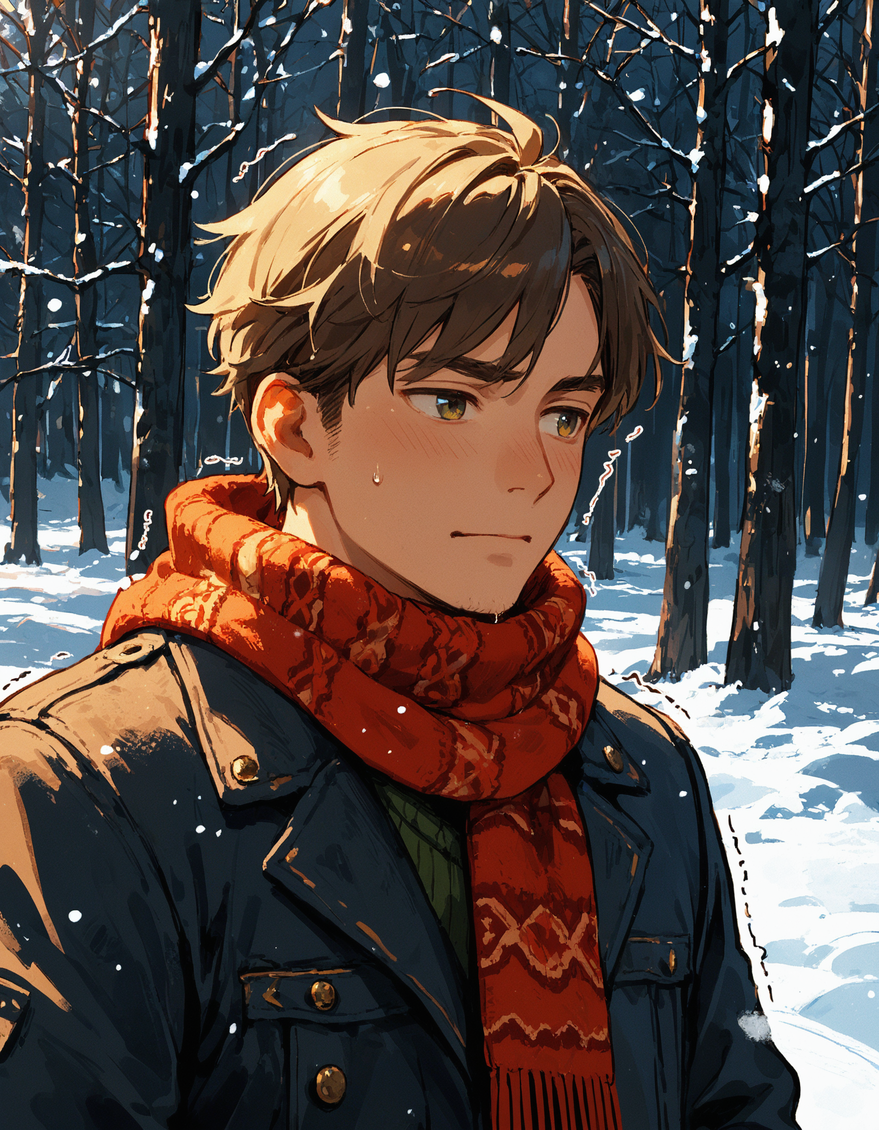 score_9, score_8_up, score_7_up, 1boy, snow, winter, scarf,  trembling, close-up,