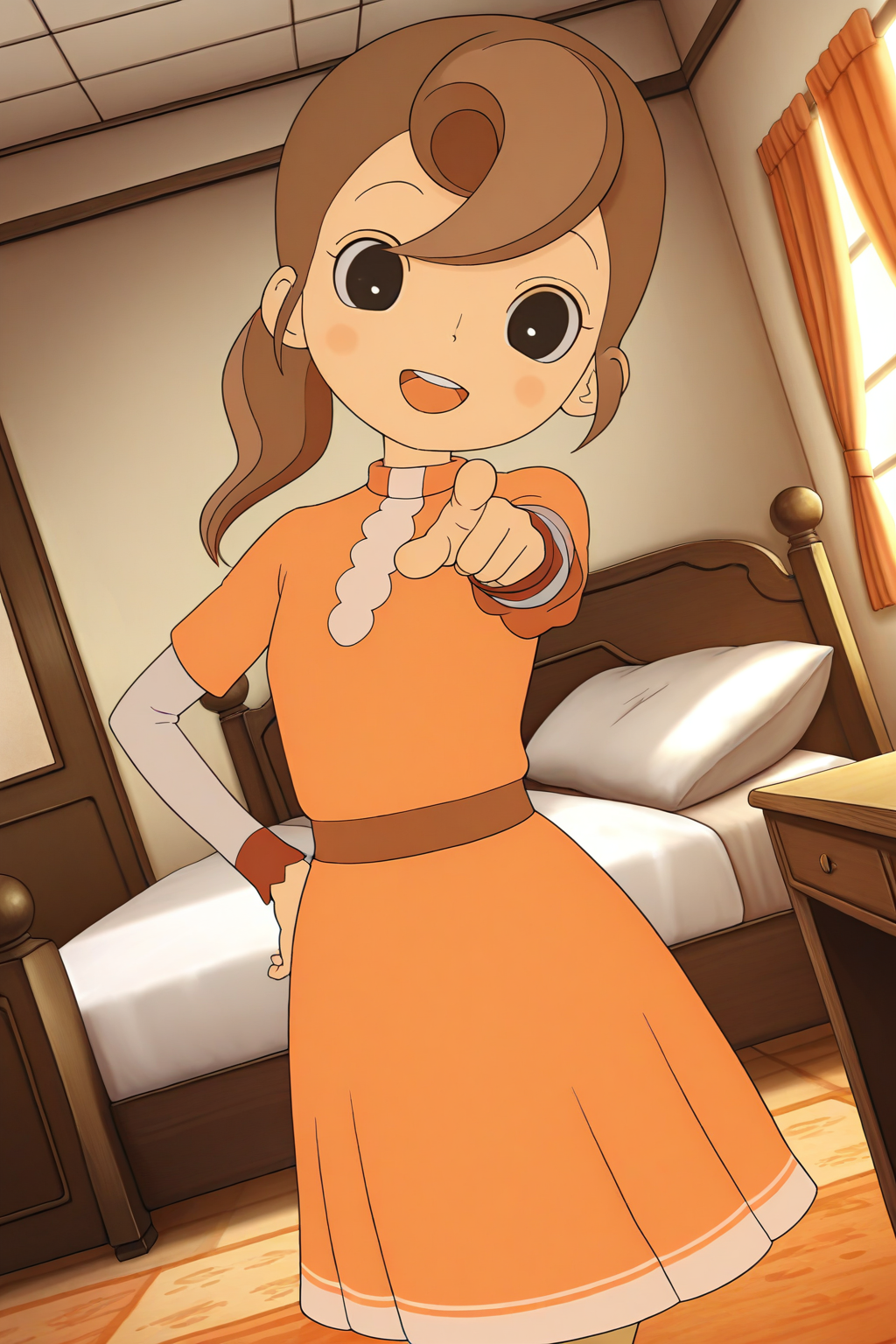 masterpiece, best quality, amazing quality, absurdres, solo, florareinhold, smile, open mouth, pointing at viewer, hand on own hip, dutch angle, looking at viewer, brown hair, black eyes, orange dress, indoors, desk, bed, room