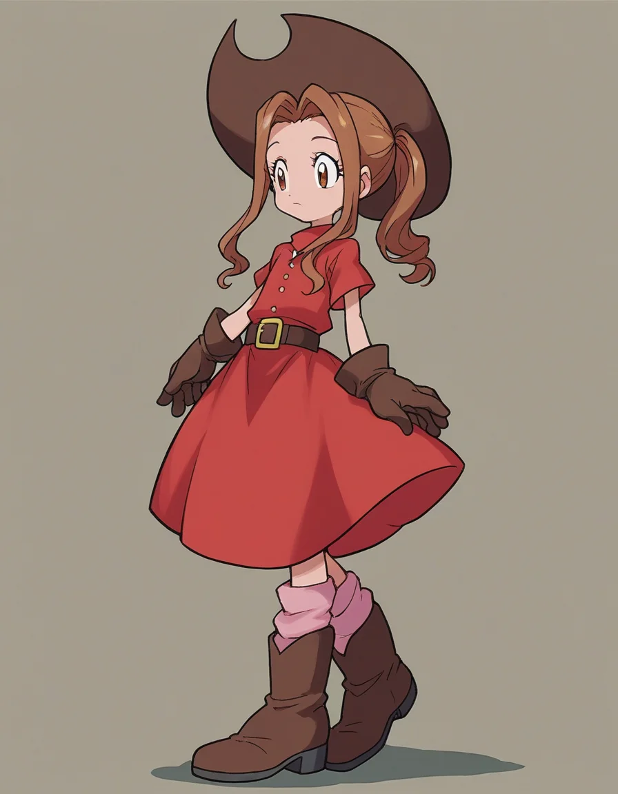 zPDXL, score_9, score_8_up, score_7_up, source_anime,
<lora:Digimon_v2-15:0.8> digimon, 1girl, solo, mimi, brown hair, brown eyes, ponytail, red dress, cowboy hat, pink socks, brown gloves, belt, boots, white boots,, giggling, legs over head
