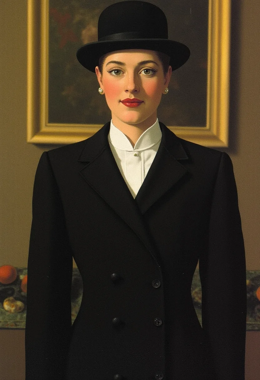 yfg-magritte Night photo soviet pretty young woman smiling trenchcoat france palace gold decorations 18th century very dark, red lipstick, eyeshadow, gorgeous.