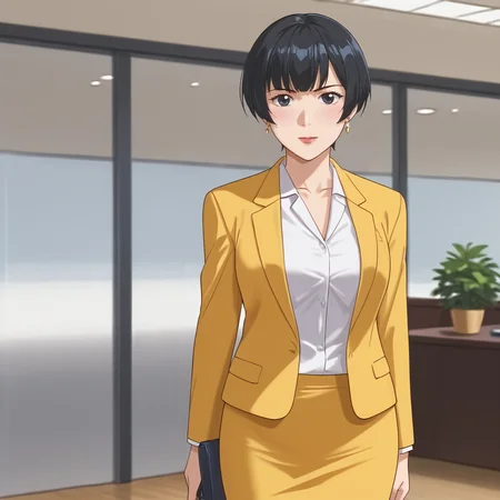 <lora:Yuka_pony_v1:.7>YukaYellowSuit, 1girl, yellow pencil skirt, short hair, black hair, yellow tied jacket, white shirt, formal, suit, office lady, jewelry, earrings, black eyes, bangs cowboy shot