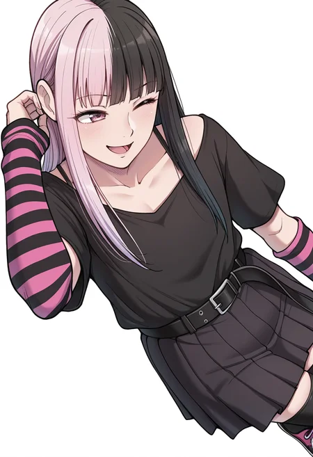 masterpiece,very intricate, high quality details, ultra realistic, high detailed skin,detailed enviorement,absurdres,
 <lora:DangerousBitch_Femboy_CNR:0.8> dangerousfemb_cnr, 1boy,androgynous,pink hair,split-color hair, black hair,  long hair, blunt bangs, pink eyes, otoko no ko, black shirt, off-shoulder shirt, short sleeves, shirt tucked in,pleated skirt, belt, thighhighs,striped arm warmers,bra strap,sneakers,, simple background, white background, sideways,solo,, smug,, ;d,