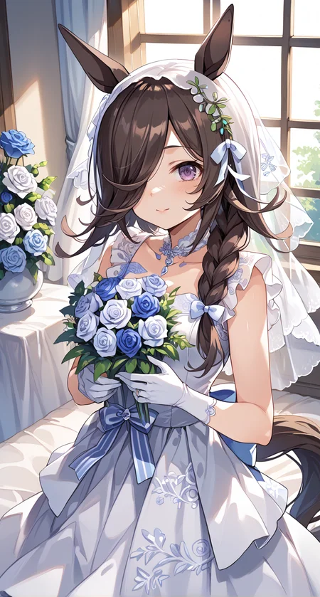 score_9,score_8_up,score_7_up,
official art,official style,game cg,megami magazine,
1girl,
rcs lfs, rice shower (longed-for scenery) (umamusume), rice shower (umamusume),
alternate costume, alternate hairstyle, animal ears, blue flower, blue rose,
blush, braid, braided ponytail, bridal veil, bride, brown hair, collarbone,
dress, flower, gloves, hair flower, hair ornament, hair over one eye, horse ears, horse girl, horse tail,
jewelry, long braid, long hair, low ponytail, necklace, official alternate costume, official alternate hairstyle,
petals, purple eyes, rose, sleeveless, sleeveless dress, tail, upper body, veil, violet eyes,
wedding, wedding dress, wedding ring, white dress, white flower, white gloves, white headwear,
standing,
<lora:umamusume_rice_shower2_pony_v1:1>,