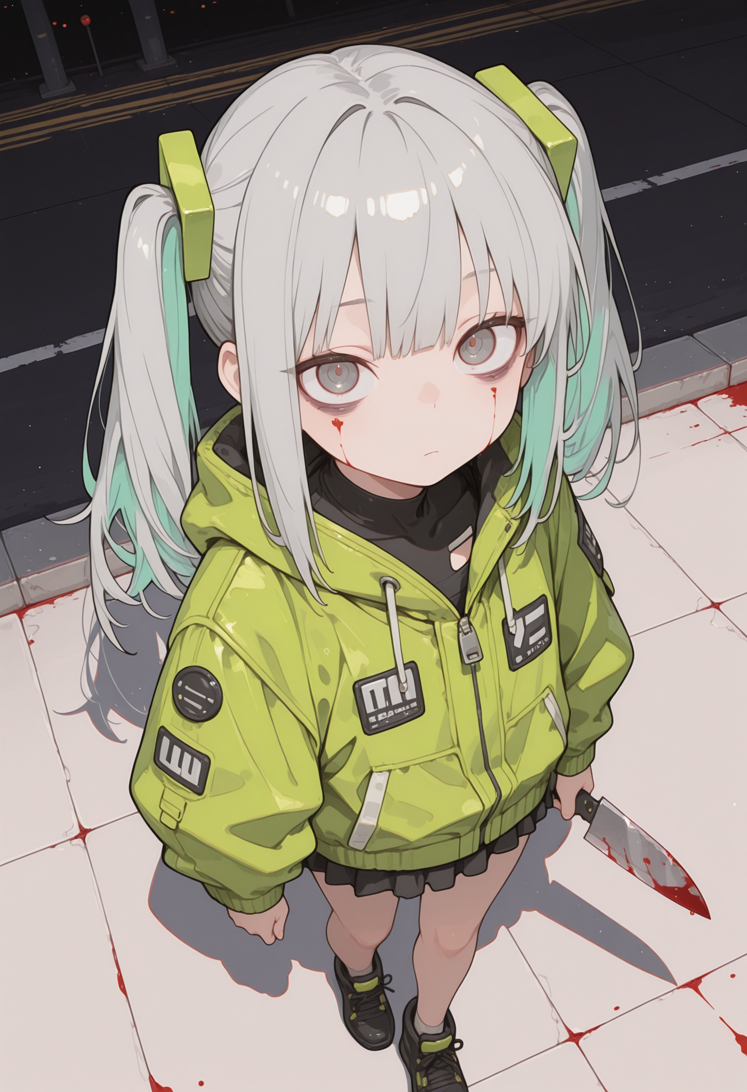 masterpiece, best quality, good quality, newest, highres, absurdres,
1girl, solo, matured woman,
walking to viewer, looking at viewer, ((focus on face)), face focus,
grey hair, long hair, twintails, hair ornament, colored inner hair,
bags under eyes, daze, emotion less,
holding blood stained knife,
oversized neon green jacket, black short tank top,
long victorian maid skirt,
flat chest, chubby, ((chubby thick legs)),  [[[[skinny stomach]]]],
black pumps, no socks ,
night, city alley, ((dynamic perspective)), dutch angle, ((((from above)))), fisheye lens, (close up), full body shot,
background with thick white border, pool of blood , reflection, blood stained clothes,
S4bit4mago_illu, detailed, h4ra_illu, momosp,
<lora:sdxl_turbo_weghts_beta_v0_1_0:0.3>
<lora:MomoSweetSpaceILL:0.6>
<lora:hara_id_21:0.4>
<lora:S4bit4mago:0.85>
<lora:NOOB_vp1_detailer_by_volnovik_v1:0.45>
<lora:Detailer_NoobAI_Incrs_v1:0.6>
<lora:rupetan:0.5>