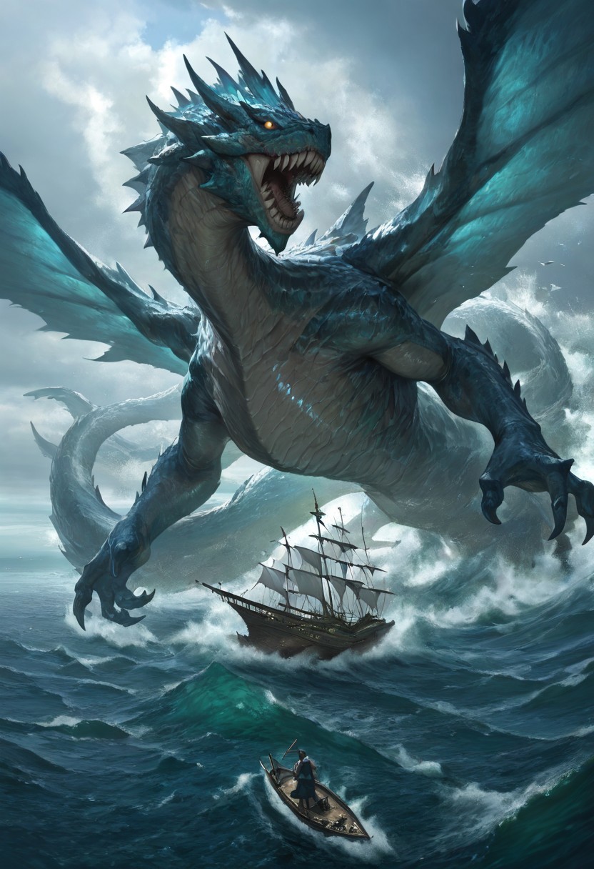 masterpiece, best quality, newest, absurdres, highres, AQDRV1.0, dragon, ocean, wings, teeth, sharp teeth, monster, giant, sea, ship, battle,