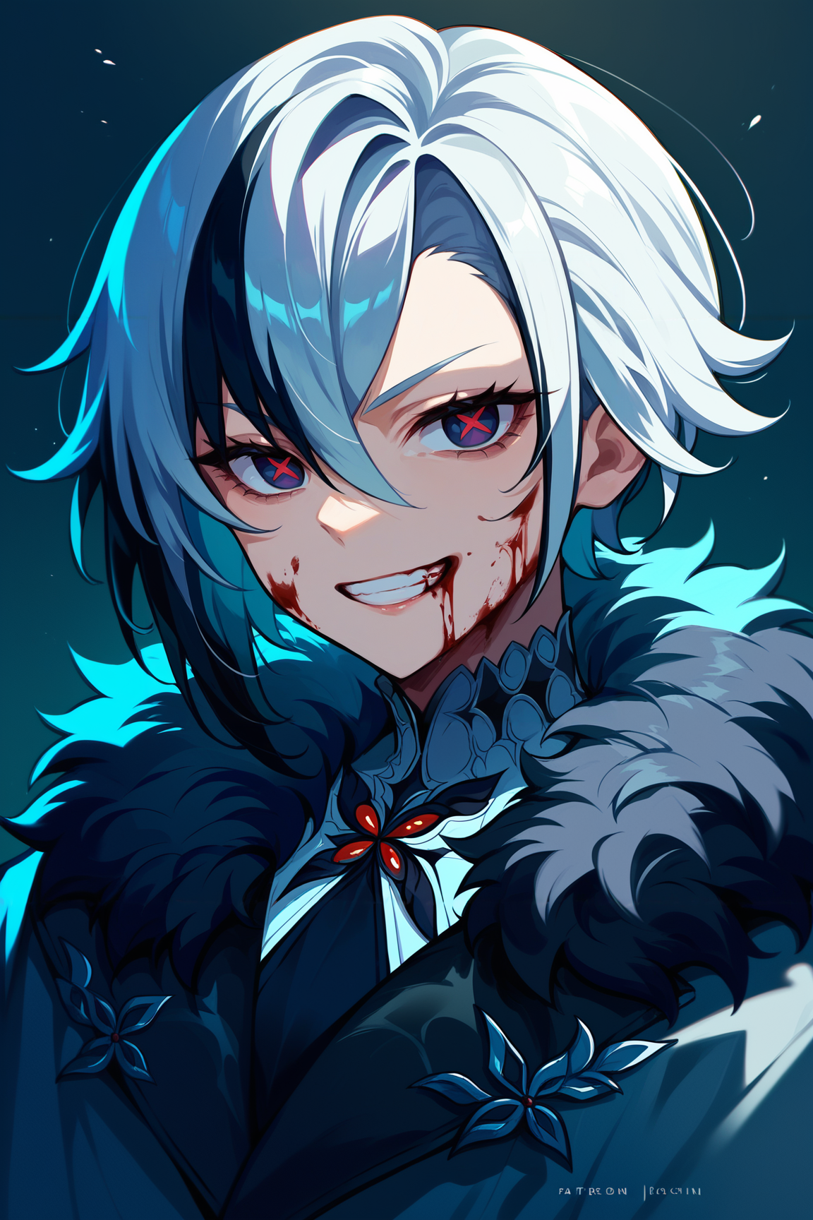 score_9,score_8_up,score_7_up,score_6_up <lora:arlecchino xl pd:0.8>  arlecchino gi, 1girl, solo, fur trim, looking at viewer, coat, fur-trimmed coat, hair between eyes, bangs, grin, upper body,tilted head,blood on face, black simple background,