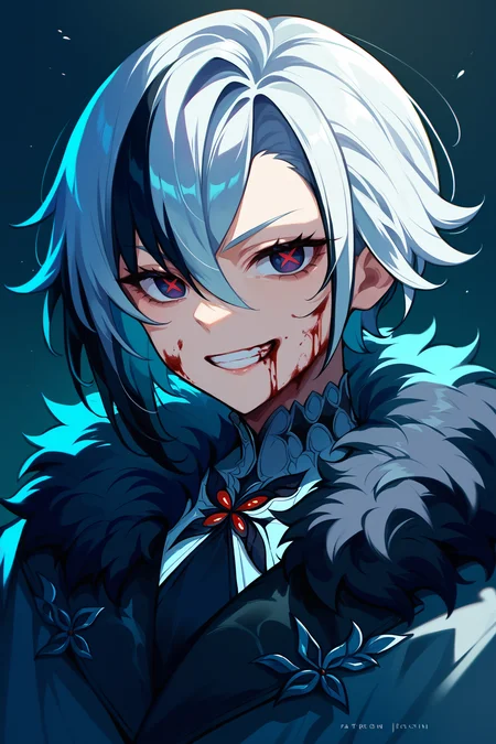 score_9,score_8_up,score_7_up,score_6_up <lora:arlecchino xl pd:0.8> arlecchino gi, 1girl, solo, fur trim, looking at viewer, coat, fur-trimmed coat, hair between eyes, bangs, grin, upper body,tilted head,blood on face, black simple background,