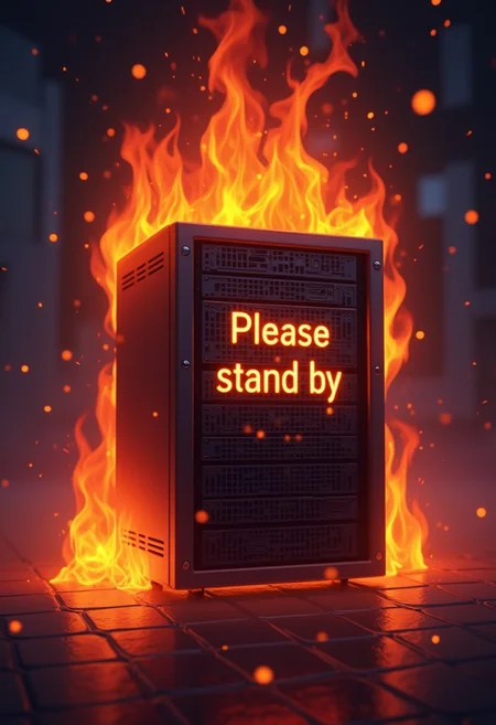 An animated Image of a computer server in fire with text saying "Please stand by"