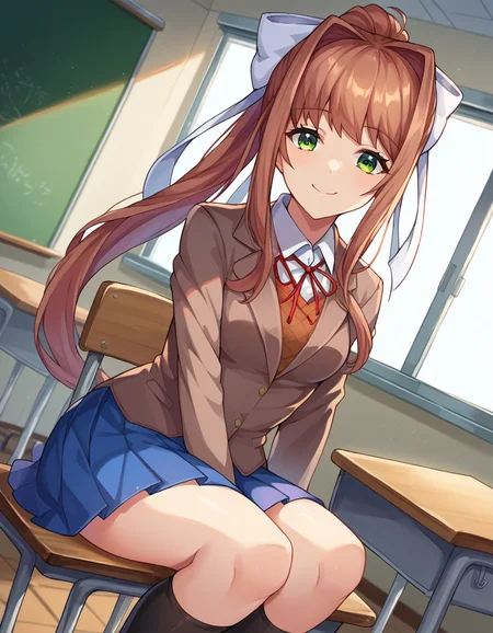score_9, score_8_up, score_7_up, source_anime,
ddlcmonika, <lora:ddlc-monika-ponyxl-lora-nochekaiser:1>
ddlcmonika, blunt bangs, brown hair, green eyes, long hair, ponytail, ribbon, white ribbon, hair ribbon, sidelocks, smile,
black thighhighs, blue skirt, brown jacket, jacket, long sleeves, mary janes, over-kneehighs, pleated skirt, school uniform, shoes, skirt, thighhighs, zettai ryouiki,
indoors, classroom, sitting, desk,
looking at viewer, dutch angle, cowboy shot,