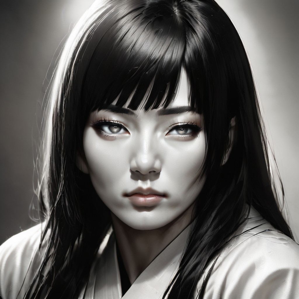 score_9, score_8_up, score_7_up, masterpiece, excellent quality, hime cut, asian eyes, japanese eyes, oriental face, asian face, white kimono, wide nose, flat nose, round cheeks, round face, solo, 1 girl, narrowed eyes, photorealism, monochrome, black hair, very long hair, grey eyes, muscular female, very wide face, narrow eyes, white kimono, expressionless, masterpiece, even haircut on forehead, very high quality, japanese woman