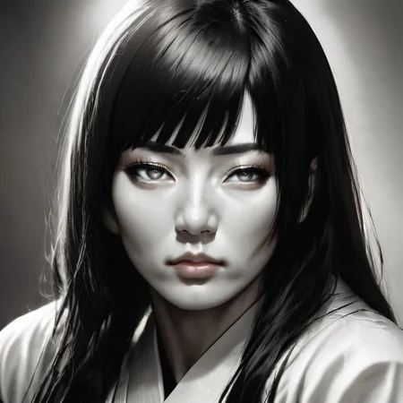 score_9, score_8_up, score_7_up, masterpiece, excellent quality, hime cut, asian eyes, japanese eyes, oriental face, asian face, white kimono, wide nose, flat nose, round cheeks, round face, solo, 1 girl, narrowed eyes, photorealism, monochrome, black hair, very long hair, grey eyes, muscular female, very wide face, narrow eyes, white kimono, expressionless, masterpiece, even haircut on forehead, very high quality, japanese woman