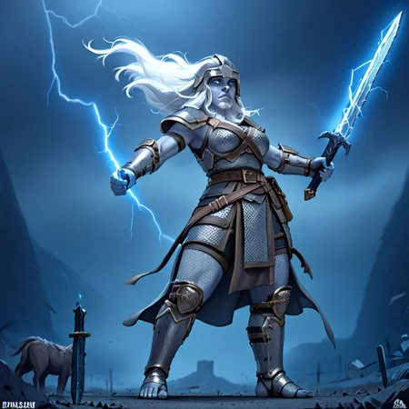 female stormGiant, photo score_9 score_8_up score_7_up action scene, movie stil , 1girl, storm giant, 50 feet tall ,blue skin ,thunderstorm, dramatic, weapon 1girl, focus ,sword facial hair armor colored skin chainmail holding, weapon holding ,electricity ,white hair ,holding sword, helmet belt ,standing ,name greaves