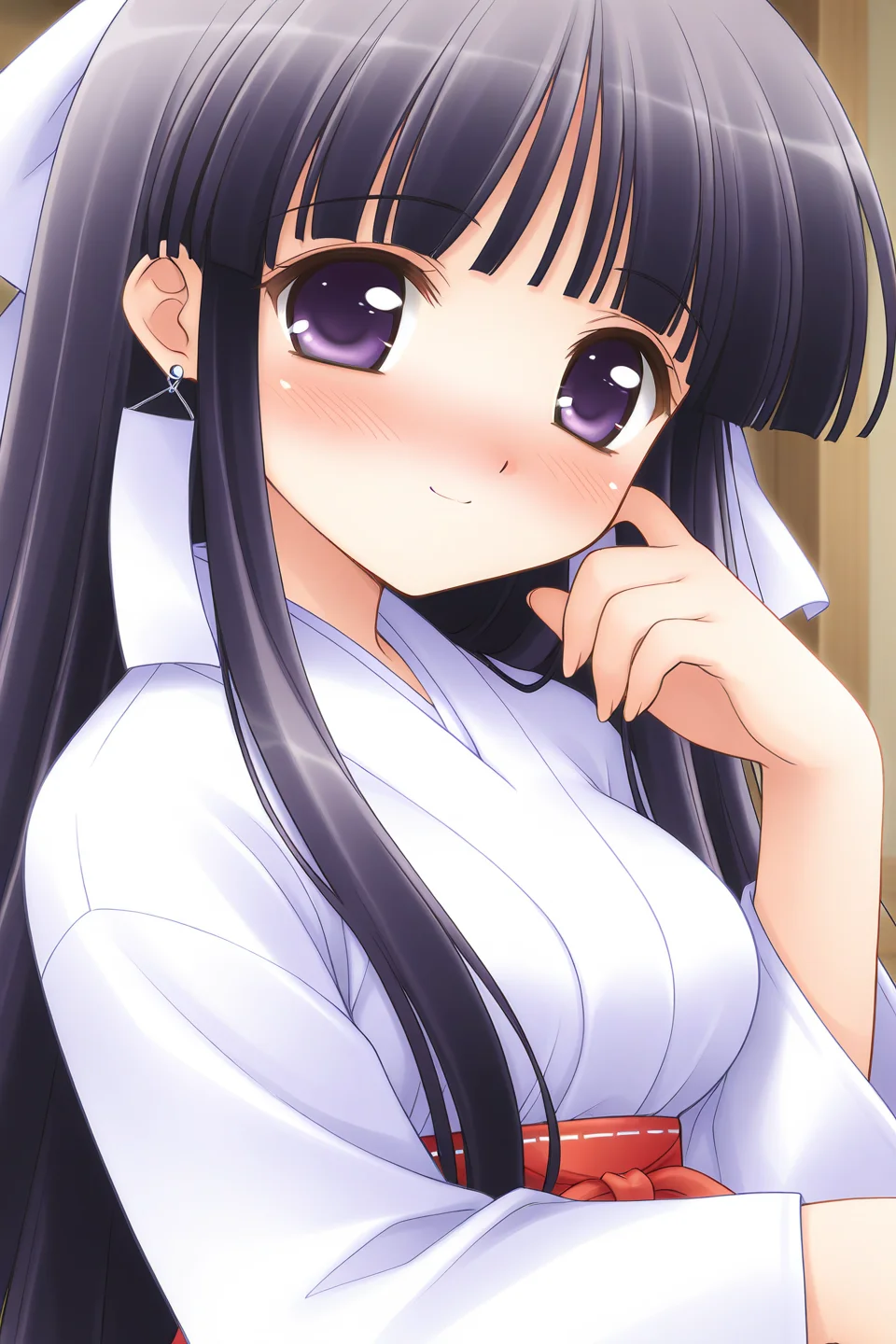 masterpiece, best quality, absurdres, official art, official style, general BREAK <lora:arisakamatsuri_IL_v1-2:0.7>, arisaka matsuri, 1girl, solo, purple eyes, black hair, purple hair, very long hair, blunt bangs, hime cut, sidelocks, hair ribbon, white ribbon, medium breasts, large breasts, earrings, miko, white kimono, long sleeves, wide sleeves, upper body, portrait, close-up,
blush, closed mouth, light smile, looking at viewer, nose blush