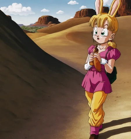 masterpiece, best quality, akiratoriyama art style, a girl wearing a bunny suit walking in a desert crying,