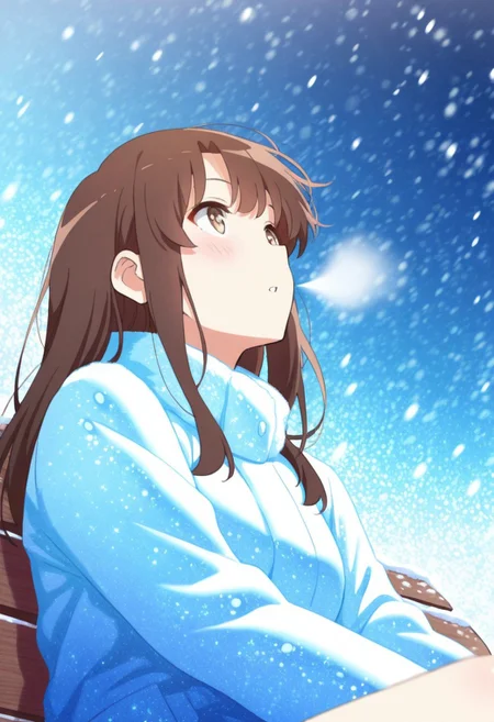 masterpiece,best quality,amazing quality,
1girl,Megumi <lora:IL-KatoMegumi:0.8>,brown hair,katou megumi,brown eyes,
detailed light, parted lips, shiny, beautiful detailed face, long hair, blush, winter,, sitting on a bench, background blur, overexposed, Ultra Wide Angle, Silence, Looking Up from Below, Hair Gets Messy, Blowing Wind, Blue Themes, (Ultra-Detailed, Expressive Brilliance, Glitter), Wear a winter coat, professional lighting, , Light Blue Coat, Fashion, Snow Scene, Snowstorm, from 45 degrees,
depth of field, ((detailed eyes))