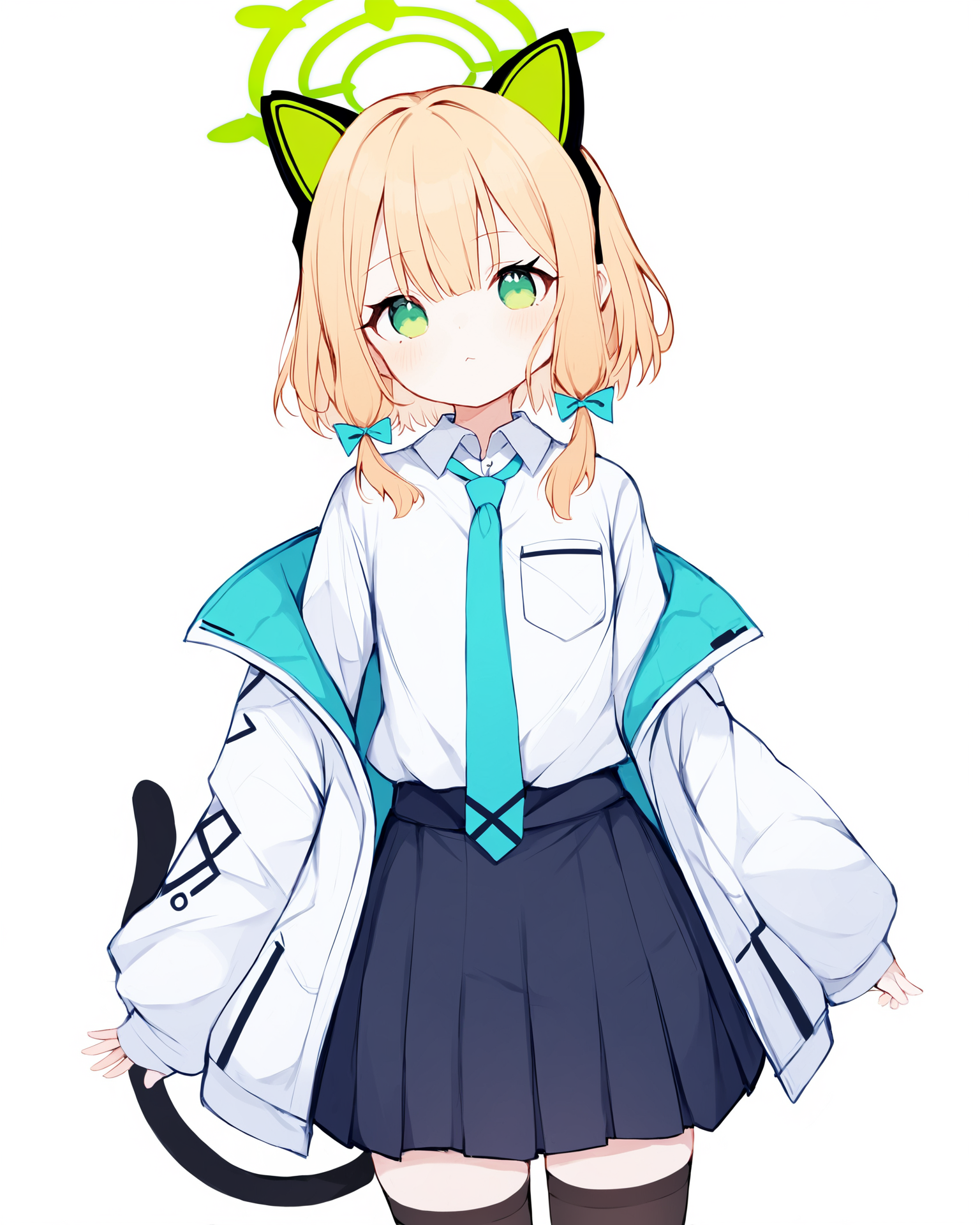 <lora:tpn3-5.5-R-Sytle-400artist:0.85>
Best-A,noko_\(nco029685627\),1girl, animal_ear_headphones, animal_ears, black_skirt, black_thighhighs, blonde_hair, blue_archive, blue_necktie, blush, cat_tail, closed_mouth, collared_shirt, fake_animal_ears, green_eyes, green_halo, halo, headphones, highres, jacket, long_sleeves, looking_at_viewer, midori_\(blue_archive\), necktie, noko_\(nco029685627\), shirt, short_hair, simple_background, skirt, solo, tail, thighhighs, two-sided_fabric, two-sided_jacket, white_background, white_jacket, white_shirt
score_9,score_8_up,score_7_up,source_anime,best_quality,masterpiece,perfect_bodyï¼