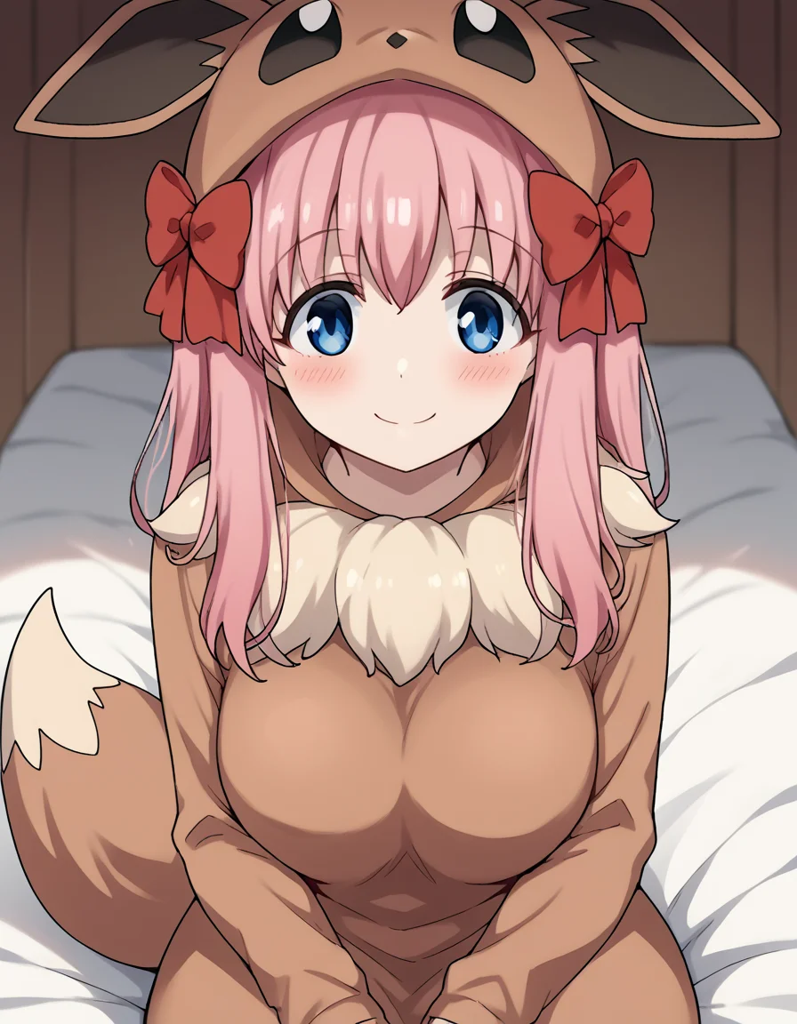 score_9, score_8_up, score_7_up, source_anime, nodokaharamura, <lora:nodoka-haramura-s1-ponyxl-lora-nochekaiser:1>, nodoka haramura, blue eyes, hair bow, long hair, pink hair, bow, large breasts,, <lora:eevee-cosplay-ponyxl-lora-nochekaiser:1>, eevee cosplay, eevee (cosplay), cosplay, hood, hood up, long sleeves, kigurumi, animal ears, pokemon tail, tail,, bed, on bed, sitting, smile, blush,, cowboy shot, looking at viewer,