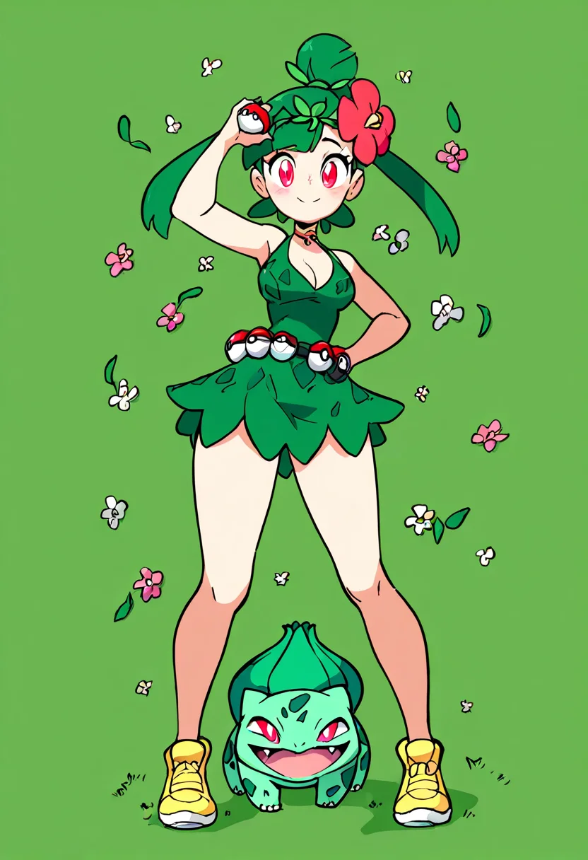 masterpiece, best quality, 1girl, solo, eyelashes, (beautiful eyes), ,,, bulbasaur companion, green hair, floral headband, leafy outfit, vibrant green dress, yellow shoes, pokeball on belt, flower patterns, nature-filled background, ,,, 1 pokemon in background, pokemon trainer outfit, focused look, cleavage, holding pokeball, looking at viewer, pokemon gym background, training gym background, smile, ,<lora:Diives_NAI:1.0>,