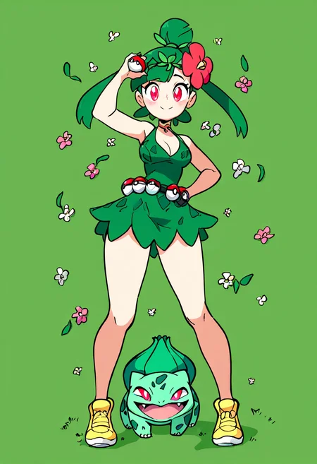 masterpiece, best quality, 1girl, solo, eyelashes, (beautiful eyes), ,,, bulbasaur companion, green hair, floral headband, leafy outfit, vibrant green dress, yellow shoes, pokeball on belt, flower patterns, nature-filled background, ,,, 1 pokemon in background, pokemon trainer outfit, focused look, cleavage, holding pokeball, looking at viewer, pokemon gym background, training gym background, smile, ,<lora:Diives_NAI:1.0>,