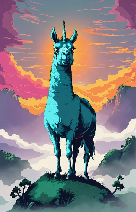 triadic color palete, mgcilu, poster of the majestic unicorn llama god, <lora:tag is mgcilu:1>, god rays, epic mist, beautiful landscape