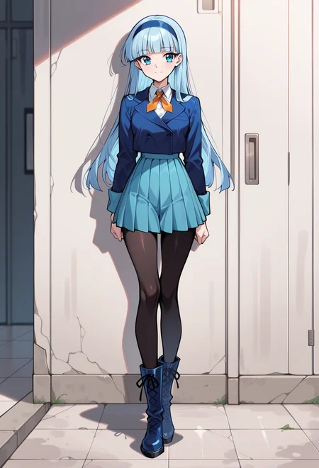 masterpiece, best quality, high quality, anime, solo,
<lora:AEUmiIlx:1>
AEUmiDef, blue eyes, blue hair, blunt bangs, long hair, blue hairband, school uniform, blazer, blue jacket, long sleeves, collared shirt, orange ribbon, white shirt, blue skirt, pleated skirt, black pantyhose, blue footwear, boots,
standing, light smile,