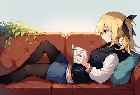 lying on sofa, from side, reading,
<lora:Arimura 10 DORA 3:1> HinaCasual, blue eyes, blonde hair, twintails, black hair ribbon, black hoodie, denim shorts, pantyhose, white shirt,medium breasts,
<lora:kushi_v1_1-000010:0.85>
BREAK
score_9,score_8_up,score_7_up,score_6_up,score_5_up, detailed,