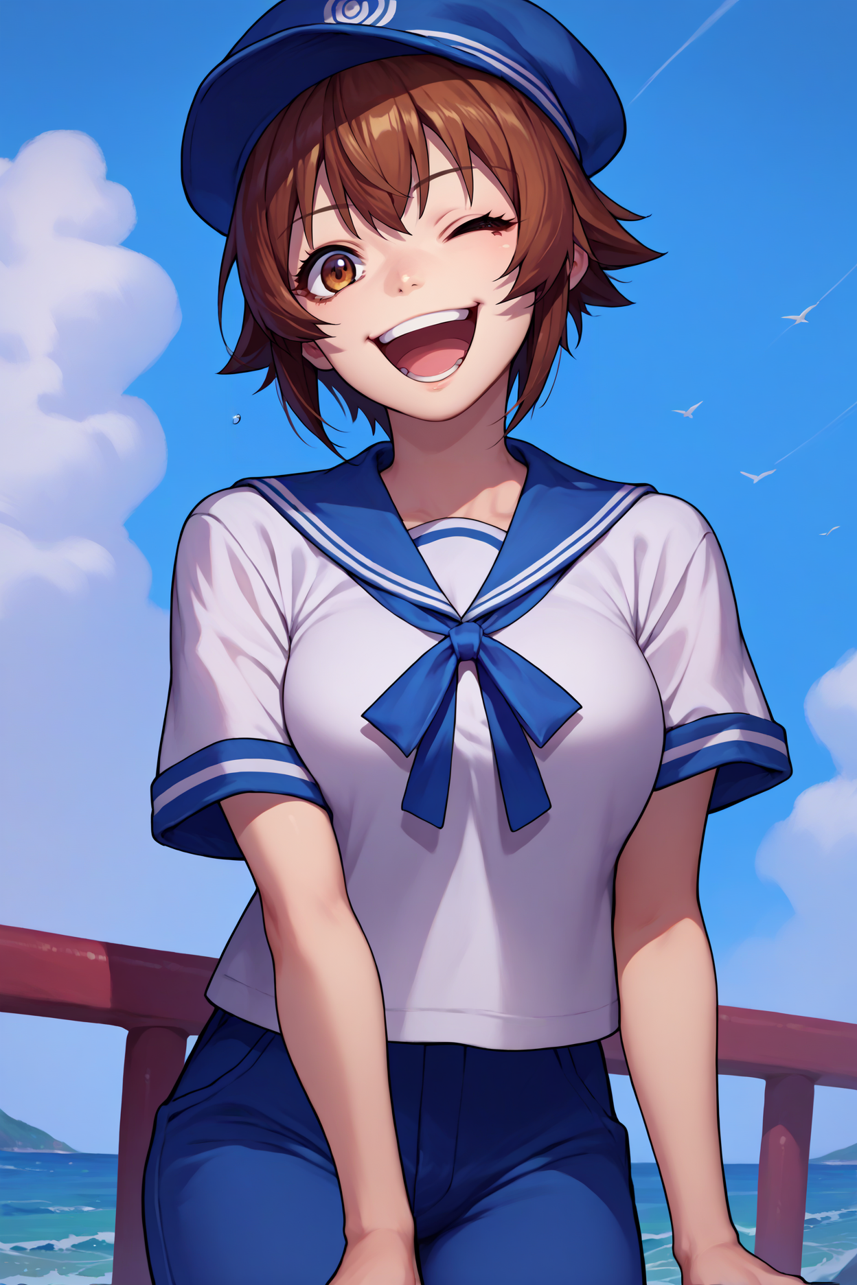 score_9, score_8_up, score_7_up, score_6_up, source_anime, 1girl, solo  <lora:kotegawachisa-pdxl-nvwls-v1-000005:1> gbchisa, brown hair, short hair, brown eyes, (large breasts:0.8), sailor cap, white shirt, short sleeves, blue sailor collar, blue pants, happy, open mouth, blue sky, ocean, wink
