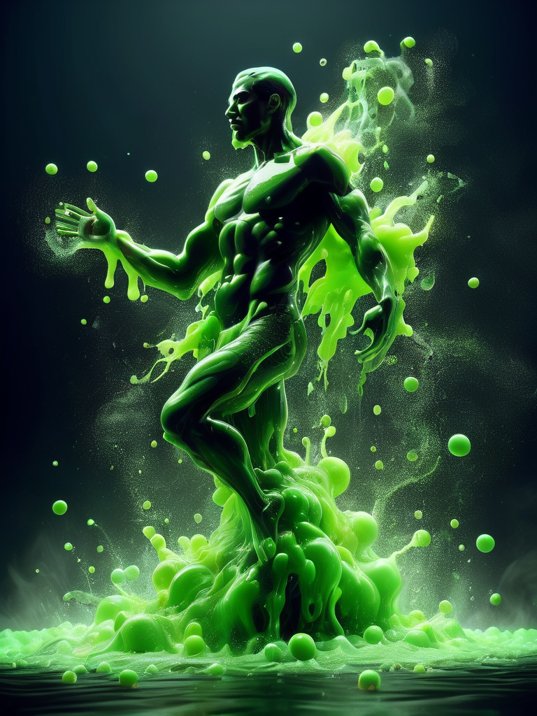 a man in a swimwear, body covered in a splashes of green acid, acid water, liquid acid, dynamic pose, 4K, HDR, cinematic lighting, award winning concept art, black background, smoke, bubbles, acidzlime <lora:acidzlime:1>