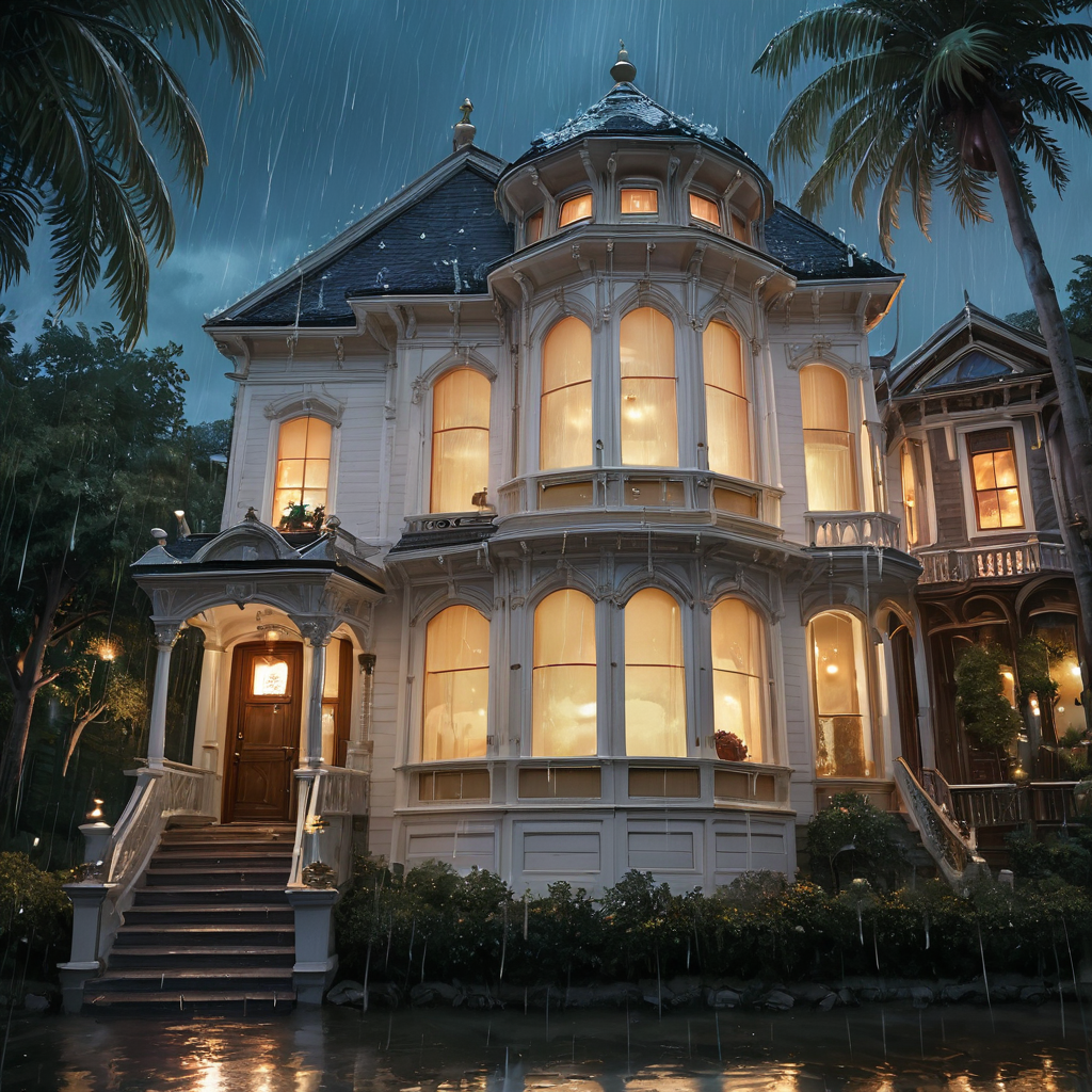 PonyScores7, Artwork, cyberpunk, night,  anime, detailed, a victorian house in the rain, raining, cheerful. intricate details, beautifully shot, perfect composition, high contrast, cinematic, atmospheric, moody, <lora:Victorian_house_pony_v2:0.8> v1ct0r14n, tree, 2story, bay windows, blue sky, italianate, ornate, porch, white trim, white siding, palm tree,gold accents,
