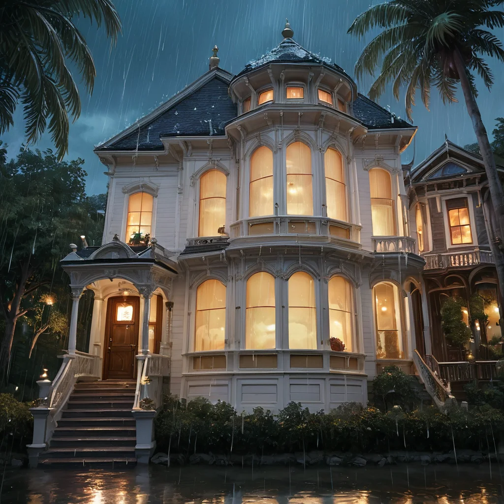 PonyScores7, Artwork, cyberpunk, night, anime, detailed, a victorian house in the rain, raining, cheerful. intricate details, beautifully shot, perfect composition, high contrast, cinematic, atmospheric, moody, <lora:Victorian_house_pony_v2:0.8> v1ct0r14n, tree, 2story, bay windows, blue sky, italianate, ornate, porch, white trim, white siding, palm tree,gold accents,