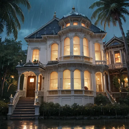 PonyScores7, Artwork, cyberpunk, night, anime, detailed, a victorian house in the rain, raining, cheerful. intricate details, beautifully shot, perfect composition, high contrast, cinematic, atmospheric, moody, <lora:Victorian_house_pony_v2:0.8> v1ct0r14n, tree, 2story, bay windows, blue sky, italianate, ornate, porch, white trim, white siding, palm tree,gold accents,