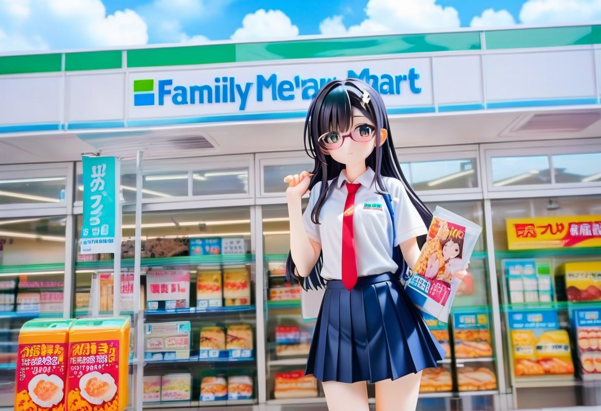 score_9, score_8_up, score_7_up, rating_safe, masterpiece, best quality, absurdres, unity 8k wallpaper, official art, official style, source_anime, uncensored, game cg, megami magazine,
1girl, solo, glasses, black hair, long hair,  collared shirt, red necktie, pleated skirt, blue skirt, looking at viewer, blush, upper body, short sleeves,
famima, konbini, scenery, storefront, convenience store, shop, scenery, outdoors, sky, cloud, day, blue sky, sign, japan
<lora:famima_storefront_PONY_V1:1>