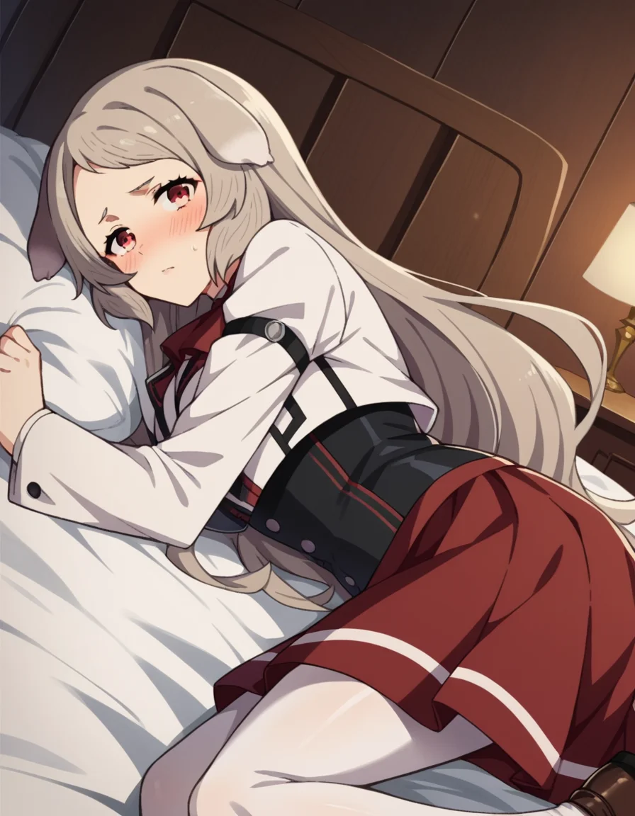score_9, score_8_up, score_7_up, source_anime,
pursenaadoldia, <lora:pursena-adoldia-s2-ponyxl-lora-nochekaiser:1>,
pursena adoldia, long hair, red eyes, animal ears, very long hair, grey hair,
skirt, long sleeves, pantyhose, frills, shoes, red skirt, loafers, white pantyhose, blazer, white blazer, corset, black corset,
indoors, bed, bed room, on side, blush, drunk,
looking at viewer, dutch angle, cowboy shot,