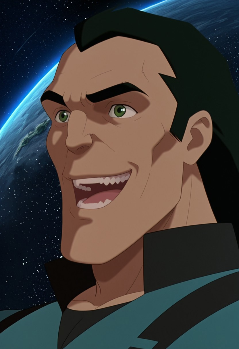 MASTERPIECE, AMAZING QUALITY, PORTRAIT, TYLER, BLACK HAIR, GREEN EYES, BODYSUIT, HAPPY, SPACE SHIP