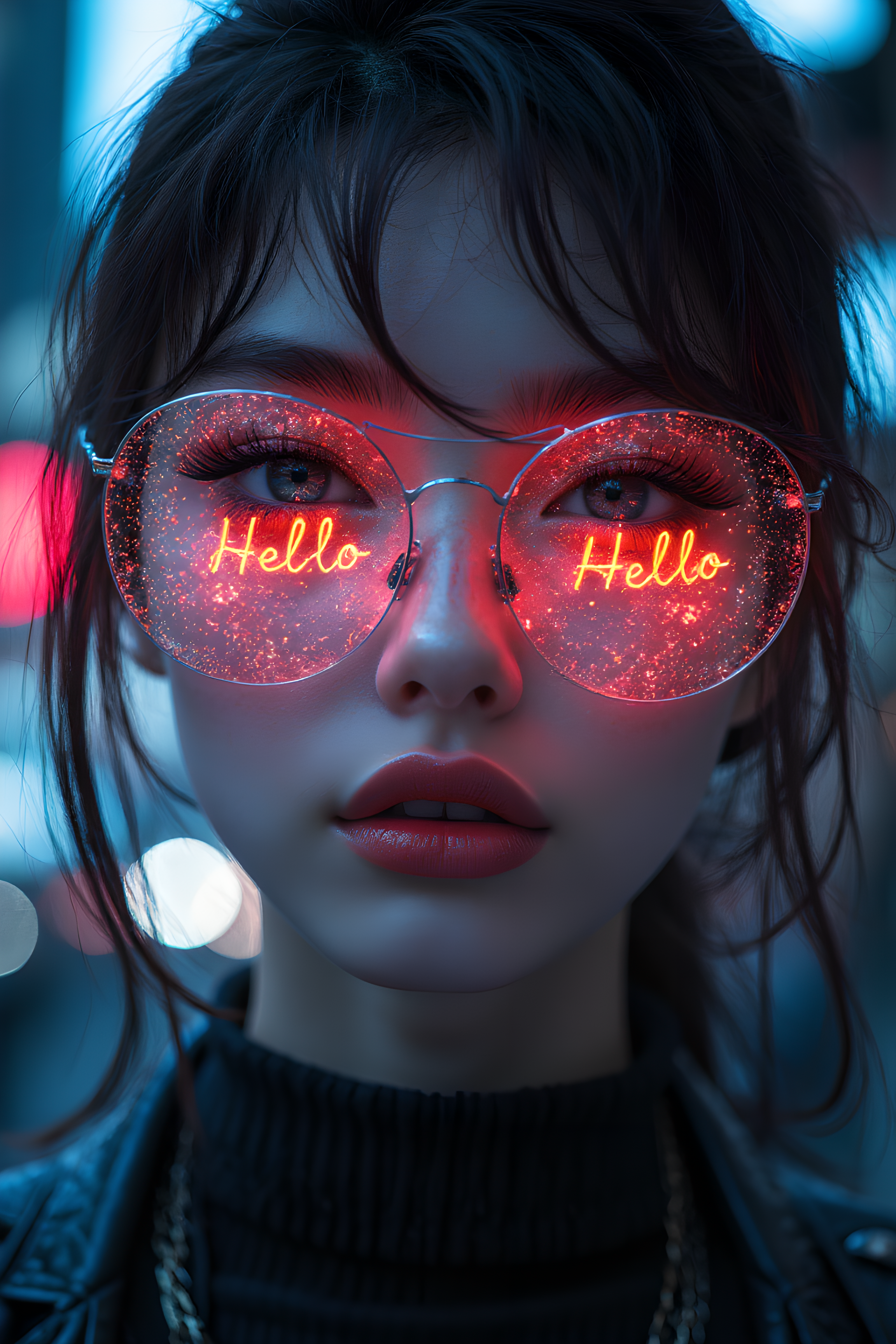 A beautiful woman with futuristic glasses that say "Hello" on each lens, beautiful detailed eyes, beautiful detailed lips, extremely detailed face, long eyelashes, elegant hairstyle, cyberpunk, neon city background, glowing holographic interface, cinematic lighting, vibrant colors, 8k, high quality, photorealistic