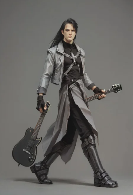 score_9, score_8_up, score_7_up, hugbaldw, cutoff jacket, body harness with holy cross design, long black hair, charcoal greaves, gray skirt, black shirt, black pants, black fingerless gloves, long legs, slender legs, holding electric guitar