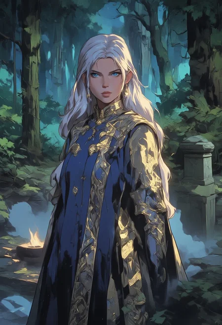 "In a misty forest clearing, a silver-haired enchantress stands gracefully, her long, flowing hair shimmering like threads of moonlight. Her robes, adorned with intricate golden patterns, catch the soft, ethereal glow filtering through the trees, creating a mesmerizing interplay of light and shadow. The scene, rich in atmosphere, feels dreamlike, as if time itself has slowed down around her. Her eyes, glowing with ancient wisdom, peer through the mist with a calm intensity, while the air around her seems to hum with unseen magic. Captured in a stunningly detailed semi-realistic anime illustration, the textures of her robes, the mist, and the surrounding forest are vividly brought to life, preserving every intricate design with breathtaking clarity. The mood is one of quiet awe and enchantment, drawing the viewer into a serene, magical world without overwhelming the senses."