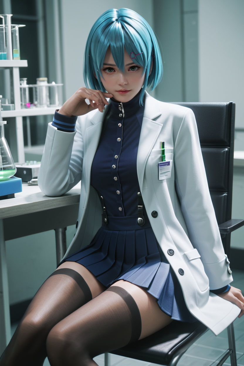 <lora:doa_nico:0.9> nico, lab coat, blazer, pleated skirt, laboratory, sitting, chair, thighhighs, score_9, score_8_up, score_7_up, zPDXL3